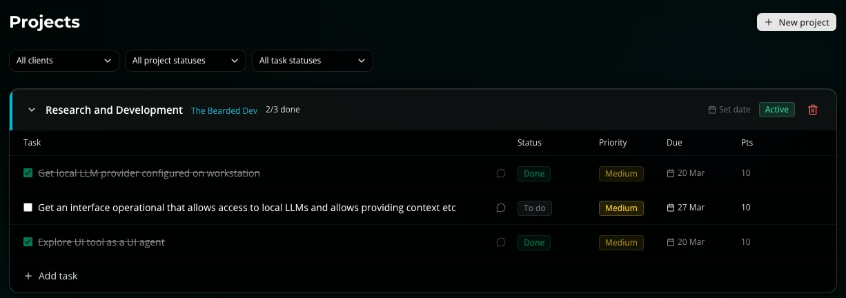 NFLO projects view showing tasks with status, priority, due dates and points