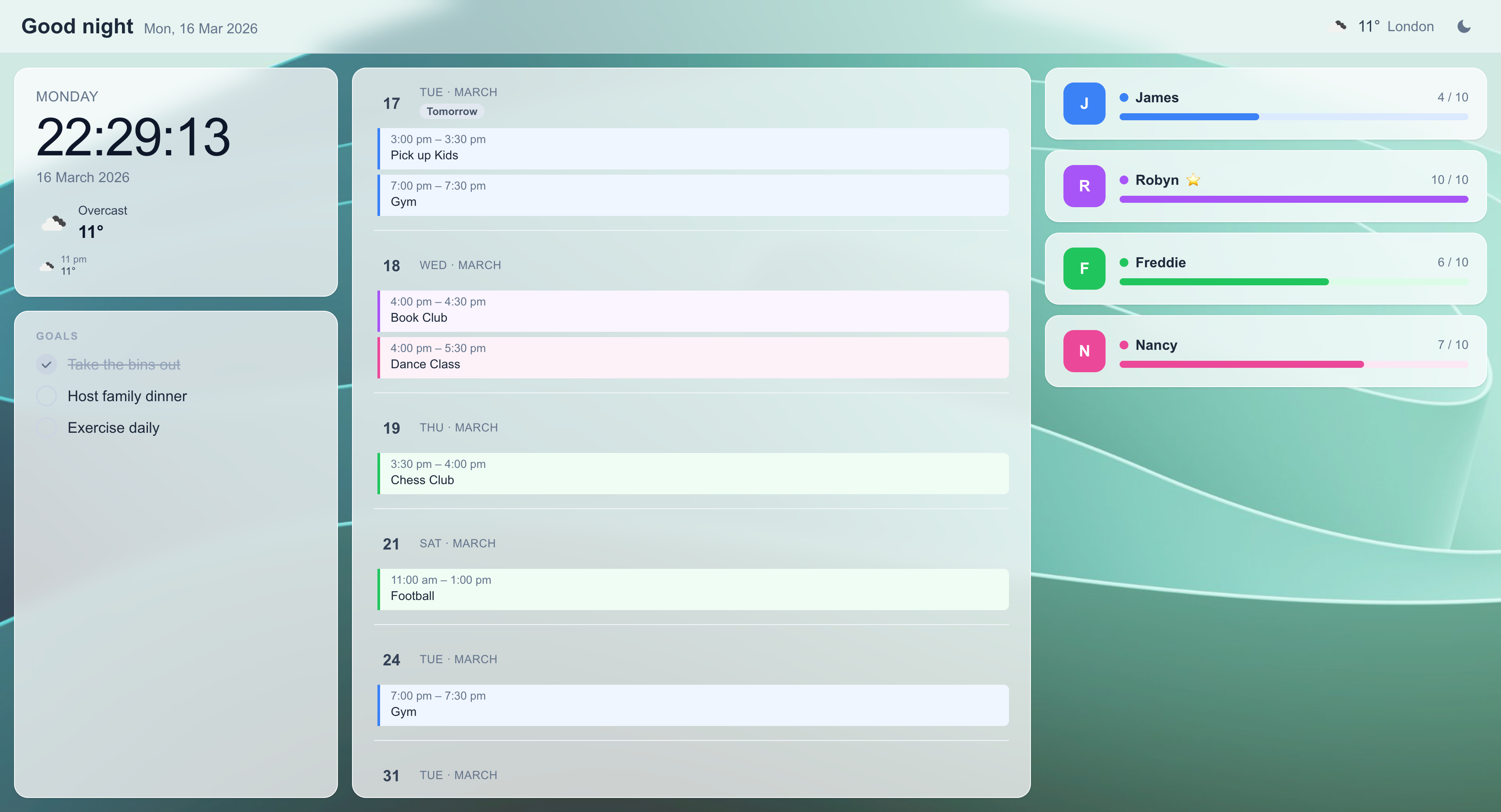 Family Board dashboard showing the family calendar, goals, and member points on a tablet