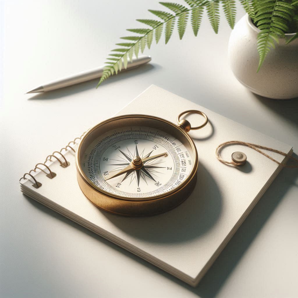 A brass compass and notepad on a clean white surface representing finding direction in your business operations