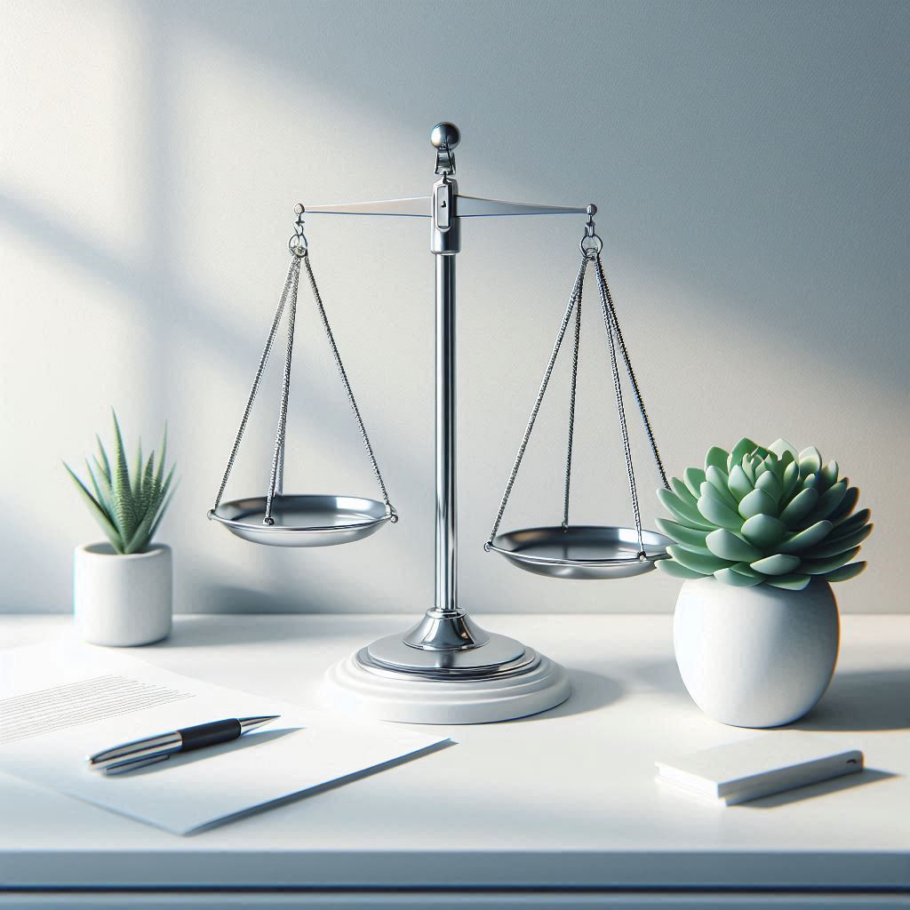 A simple balance scale illustration on a clean desk representing a considered business decision