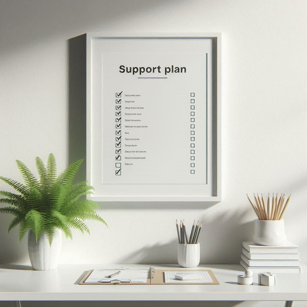 Organised desk with a support checklist and plants suggesting structured ongoing care